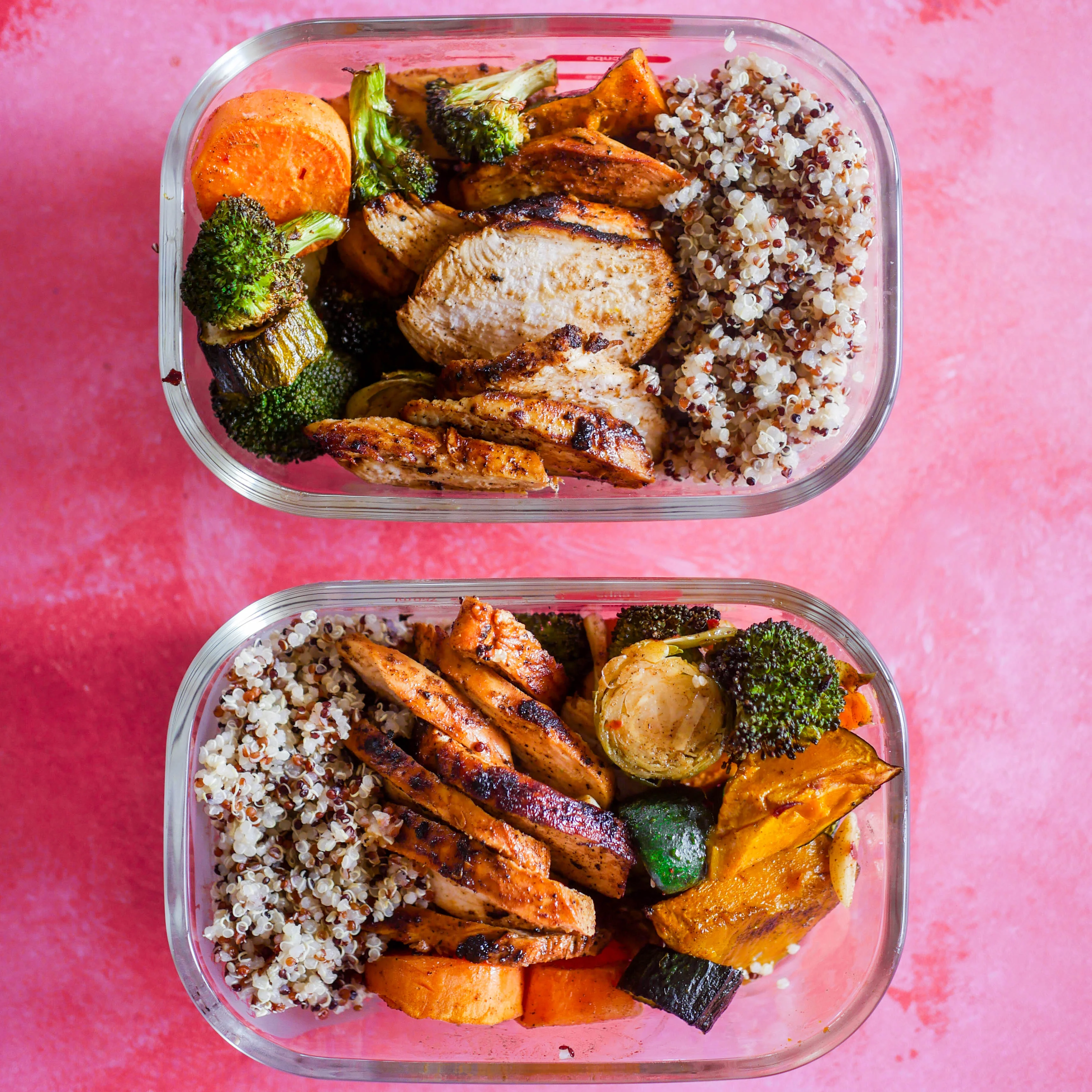 Compact bento-style food layout with neutral light